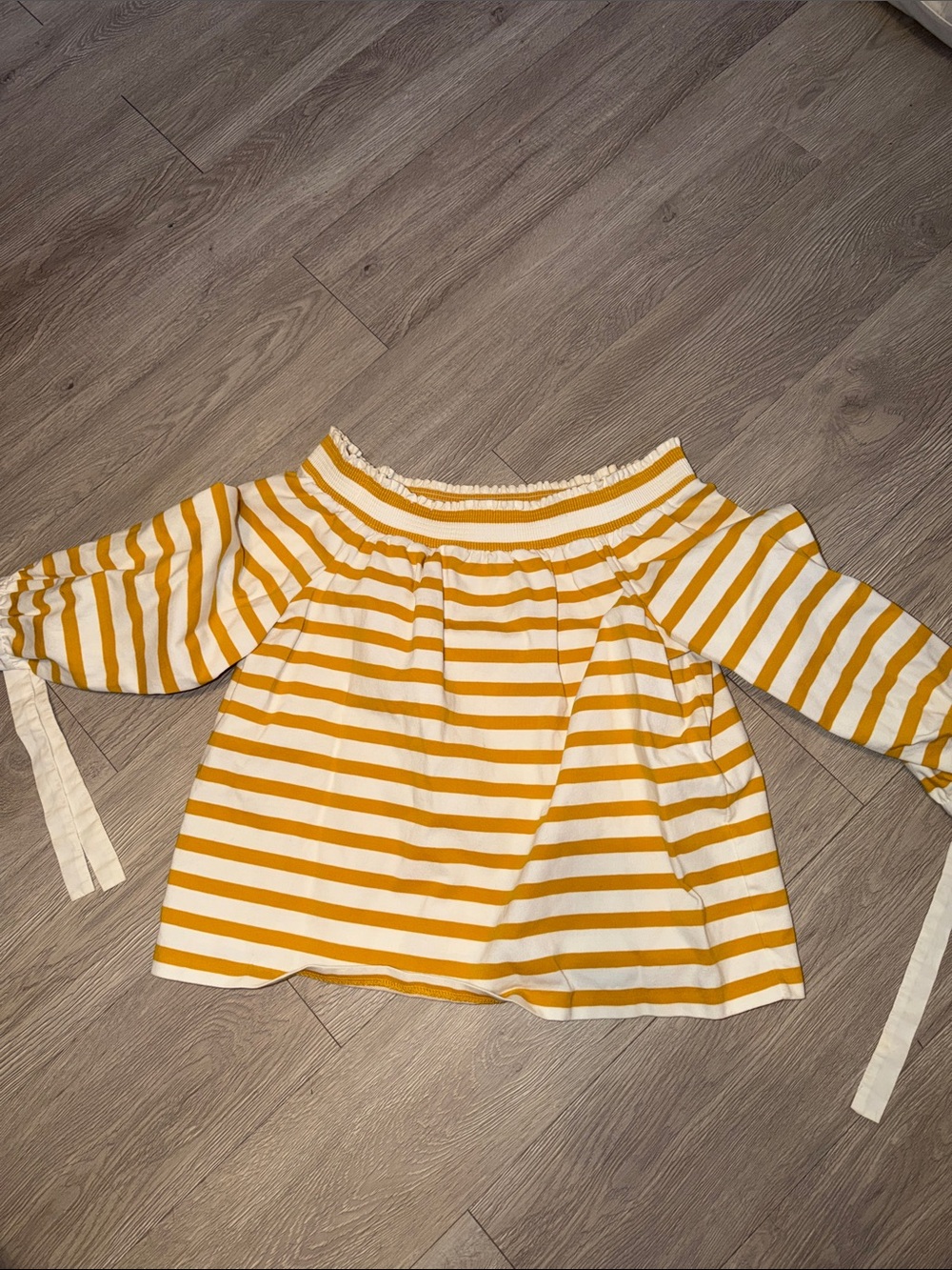 J. Crew Mustard and White Striped Off-Shoulder Blouse